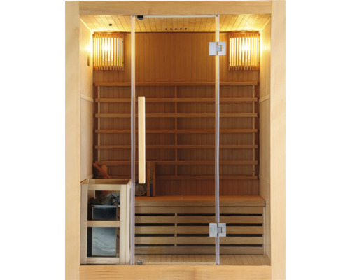 Dřevěná sauna se skleněnými dveřmi a osvětlením