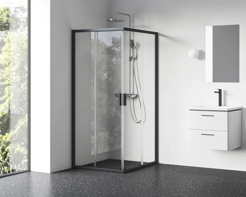 Sprchový kout s rohovým vstupem RAVAK Blix II 120 cm barva rámu černá dekor skla čiré sklo 1XMG0300Z1 Rohová sprcha s černým rámem, umyvadlo a zrcadlo v koupelně