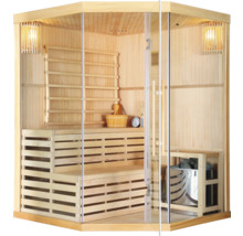 Dřevěná sauna s prosklenou přední stěnou, lavicemi, kamny a příslušenstvím