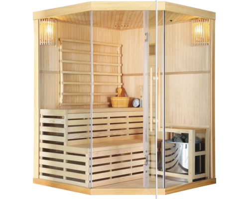 Dřevěná sauna s prosklenou přední stěnou, lavicemi, kamny a příslušenstvím