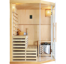 Interiér sauny s dřevěnými lavicemi, kamny a skleněnou přední stěnou