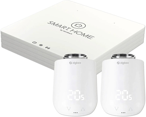 Centrála chytré domácnosti Hornbach se dvěma termostatickými hlavicemi radiátorů