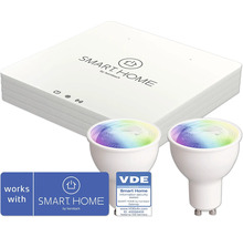 Smart Home Gateway se dvěma žárovkami a logem Hornbach