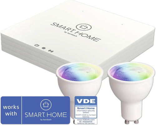 Startovací sada osvětlení SMART HOME by hornbach V2 včetně gateway a 2x žárovka Flair Viyu GU10 RGB Smart Home Gateway se dvěma žárovkami a logem Hornbach