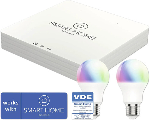 Startovací sada osvětlení SMART HOME by hornbach V2 včetně gateway a 2x žárovka Flair Viyu E27 RGB Smart Home Gateway se dvěma LED žárovkami
