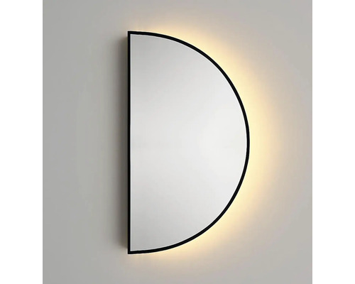 Půlkruhovité nástěnné zrcadlo s rámem a podsvícením