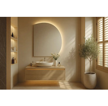 Světlá koupelna s umyvadlem, zrcadlem, rostlinou a oknem