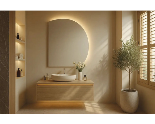 Světlá koupelna s umyvadlem, zrcadlem, rostlinou a oknem