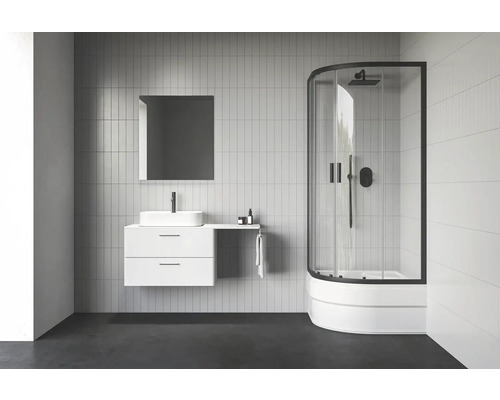 Čtvrtkruhový sprchový kout RAVAK Blix II 80 cm barva rámu hliník dekor skla čiré sklo 3BM40340Z1 Světlá koupelna s umyvadlem, zrcadlem a sprchovým koutem