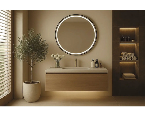 Moderní koupelna s umyvadlem, kulatým zrcadlem s osvětlením a dekoracemi.