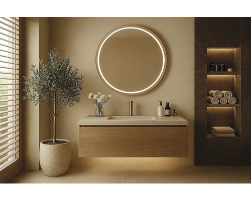 Moderní koupelna s kulatým zrcadlem, umyvadlovou skříňkou a policí