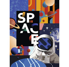 Grafické znázornění vesmírných motivů s astronautem, planetami a hvězdami