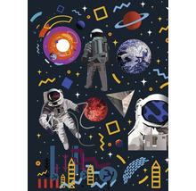 Ilustrace s astronauty, planetami a geometrickými tvary ve vesmíru