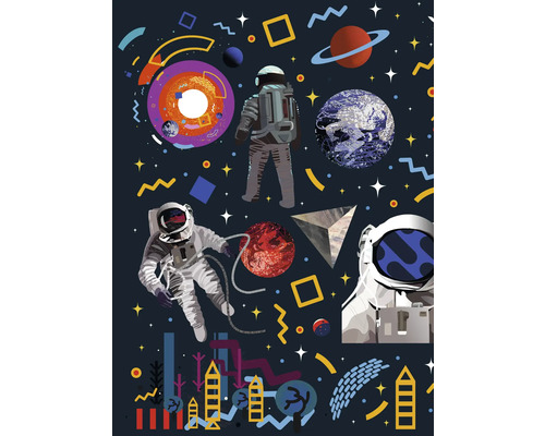 Ilustrace s astronauty, planetami a geometrickými tvary ve vesmíru