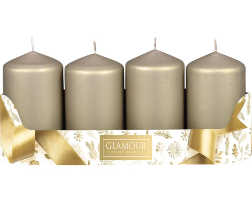 Svíčky adventní metalické Ø 5 cm matně béžové 4 ks Čtyři svíčky ve tvaru válce v dekorativním balení.