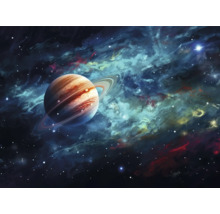 Ilustrace planety s prstenci na pozadí mlhoviny