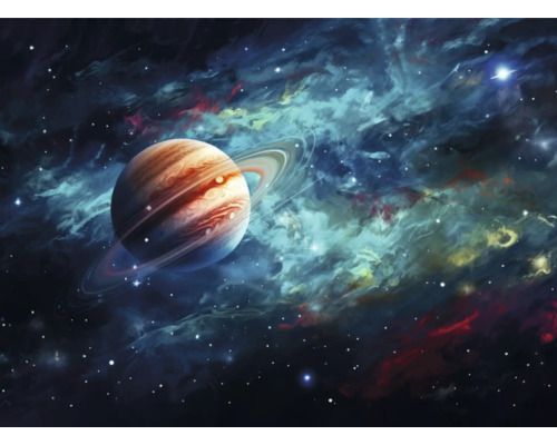 Obraz na plátně Jupiter 70x50cm Ilustrace planety s prstenci na pozadí mlhoviny