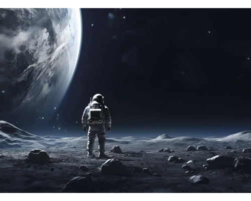 Astronaut na měsíční krajině s výhledem na Zemi