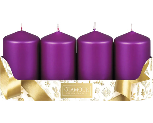 Svíčky adventní metalické Ø 5 cm matně fialové 4 ks Čtyři svíčky v obalu s logem Glamour Luxury Candles