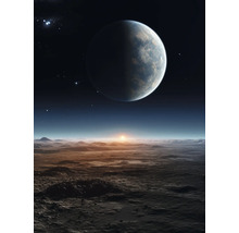 Ilustrace planetární krajiny s jinou planetou na obloze