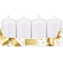 Čtyři bílé sloupové svíčky v ozdobném balení