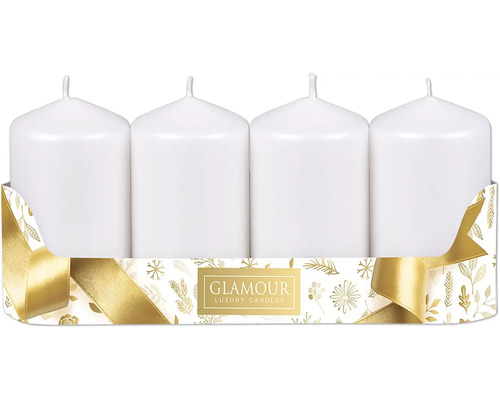 Svíčky adventní metalické Ø 5 cm matně bílé 4 ks Čtyři bílé sloupové svíčky v ozdobném balení