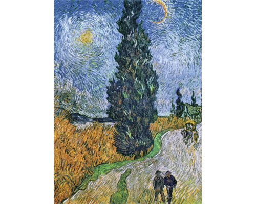 Malba krajiny s cypřiši, hvězdami a postavami