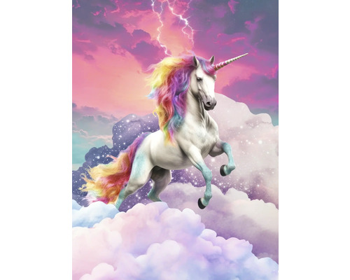 Obraz na plátně Magical unicorn 50x70cm Jednorožec s barevnou hřívou a ocasem na pozadí mraků a blesků.