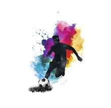 Ilustrace fotbalisty s fotbalovým míčem na barevném pozadí