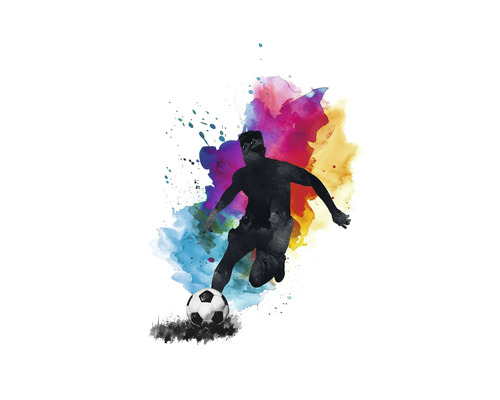 Ilustrace fotbalisty s fotbalovým míčem na barevném pozadí