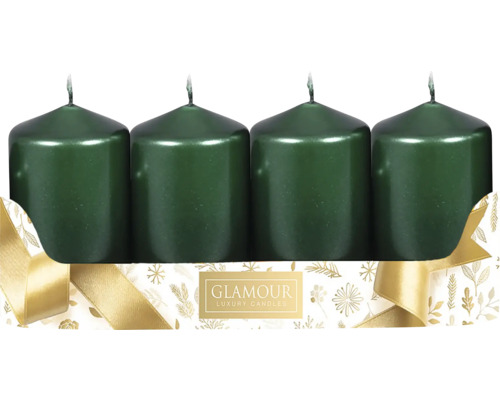 Svíčky adventní metalické Ø 5 cm lesklé zelené 4 ks Čtyři zelené sloupové svíčky v dárkovém balení se stuhou.