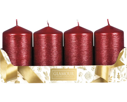 Svíčky adventní škrábané Taurus metalické červené 4 ks Čtyři svíčky ve tvaru sloupku v balení s logem Glamour Luxury Candles