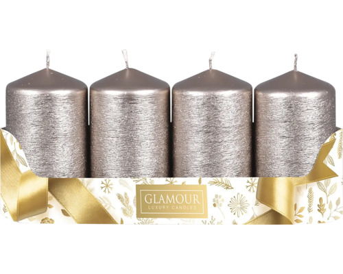 Svíčky adventní škrábané Taurus metalické šedé 4 ks Čtyři svíčky ve tvaru sloupů v balení