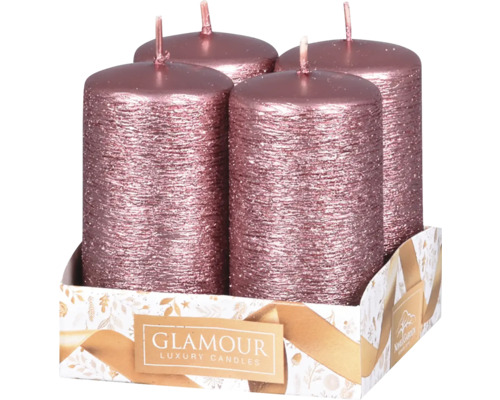 Svíčky adventní škrábané Taurus metalické růžové 4 ks Čtyři svíčky ve tvaru válce v balení