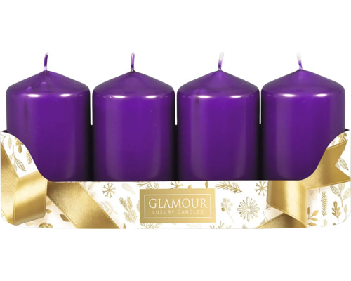 Svíčky adventní metalické Ø 5 cm lesklé fialové 4 ks Čtyři svíčky ve tvaru sloupku v ozdobném balení