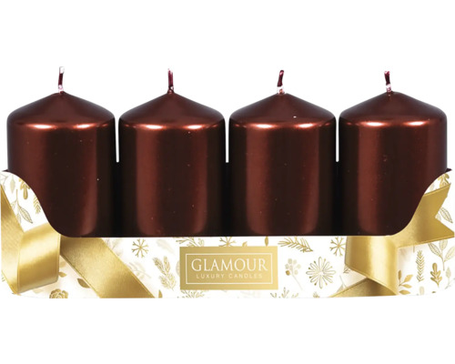 Svíčky adventní metalické Ø 5 cm lesklé bordó 4 ks Čtyři hnědé sloupové svíčky ve slavnostním balení