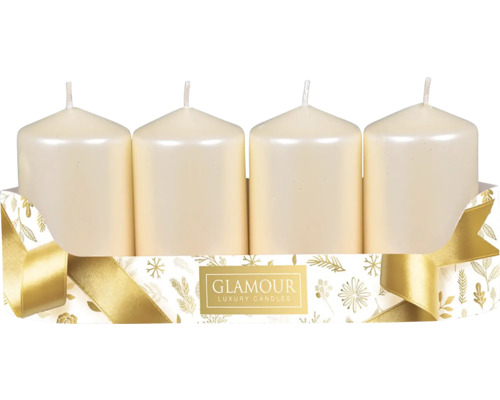 Svíčky adventní metalické Ø 5 cm lesklé béžové 4 ks Čtyři bílé sloupové svíčky v ozdobném balení