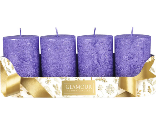 Svíčky adventní rustikální Ø 5 cm metalické fialové 4 ks Čtyři svíčky ve tvaru sloupku v dárkovém balení