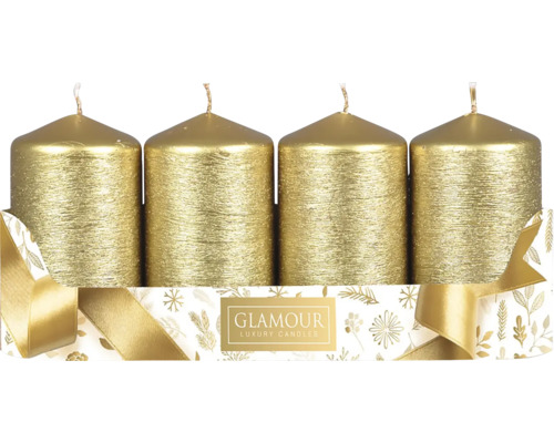 Svíčky adventní škrábané Taurus metalické zlaté 4 ks Čtyři zlaté sloupové svíčky v ozdobném balení