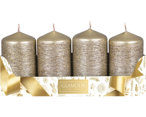 Svíčky adventní škrábané Taurus metalická šampaň 4 ks Čtyři svíčky ve zlatém třpytivém provedení v balení