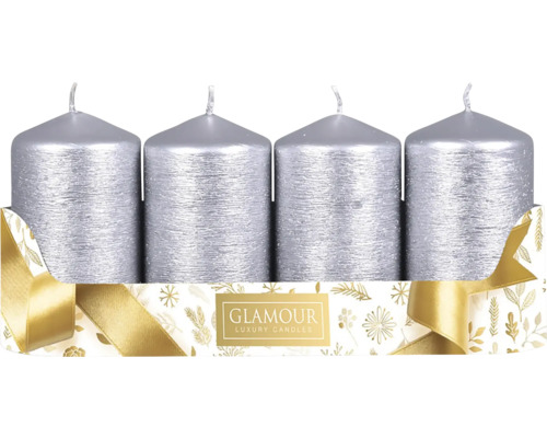 Svíčky adventní škrábané Taurus metalické stříbrné 4 ks Čtyři svíčky ve tvaru sloupku v dárkové krabičce