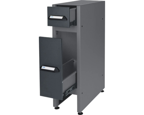 Šedá zásuvková skříňka se dvěma otevřenými zásuvkami pro uložení