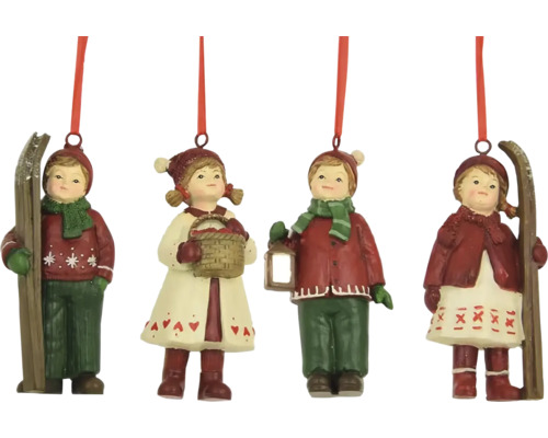 Závěsná dekorace DĚTI V ZIMĚ, polystone, červená Sada vánočních ozdob s figurkami v zimním vzhledu