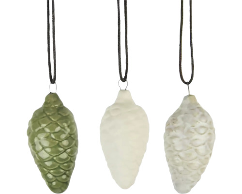 Závěsná dekorace ŠIŠKA, porcelán, bílá/krémová více druhů cena za 1 ks Tři vánoční ozdoby ve tvaru šišky se šňůrkou