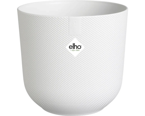Bílý květináč se strukturovaným vzorem a logem Elho