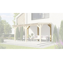 Dřevěná pergola na terase se zahradním nábytkem