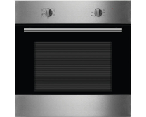 Nerezová vestavná trouba s černými skleněnými dvířky a otočnými knoflíky