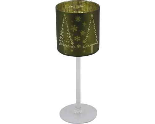Svícen na čajovou svíčku STROMKY na noze sklo zelená matná 9x9x25 cm Skleněný držák na čajovou svíčku s motivem vánočního stromku a sněhové vločky