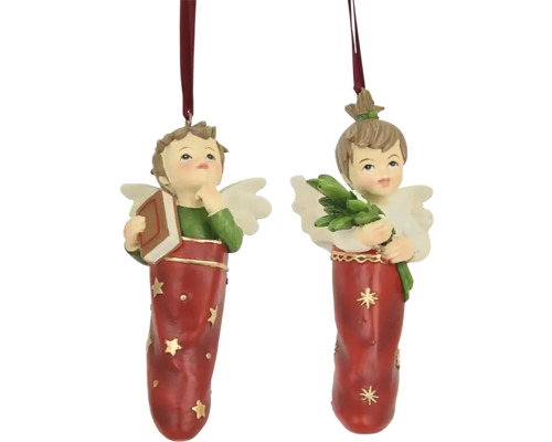 Závěsná dekorace ANDĚLÍČEK v punčoše, polystone více druhů cena za 1 ks Dvě figurky andělů jako ozdoby na vánoční stromeček s knihou a větvemi