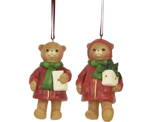 Závěsná dekorace MEDVĚD vánoční, polystone, červená více druhů cena za 1 ks Dvě figurky medvídka na vánoční stromeček v kabátech a šálách